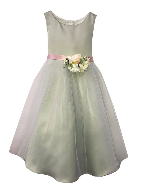 Petite Adele Girls Dull Satin Tulle Overlay Broche Flower Girl Dress 2T-12 - SophiasStyle.com